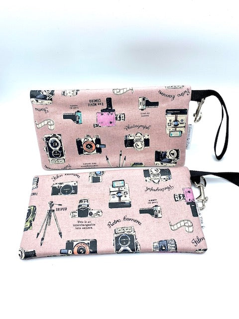 Large Wristlet in Vintage Cameras pink